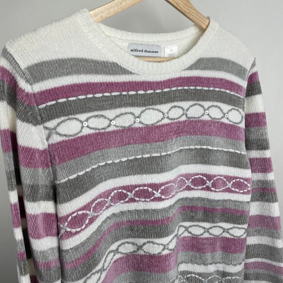 VTG Alfred Dunner Sweater LP Purple White Striped Chenille Pullover Grandma - Picture 6 of 15